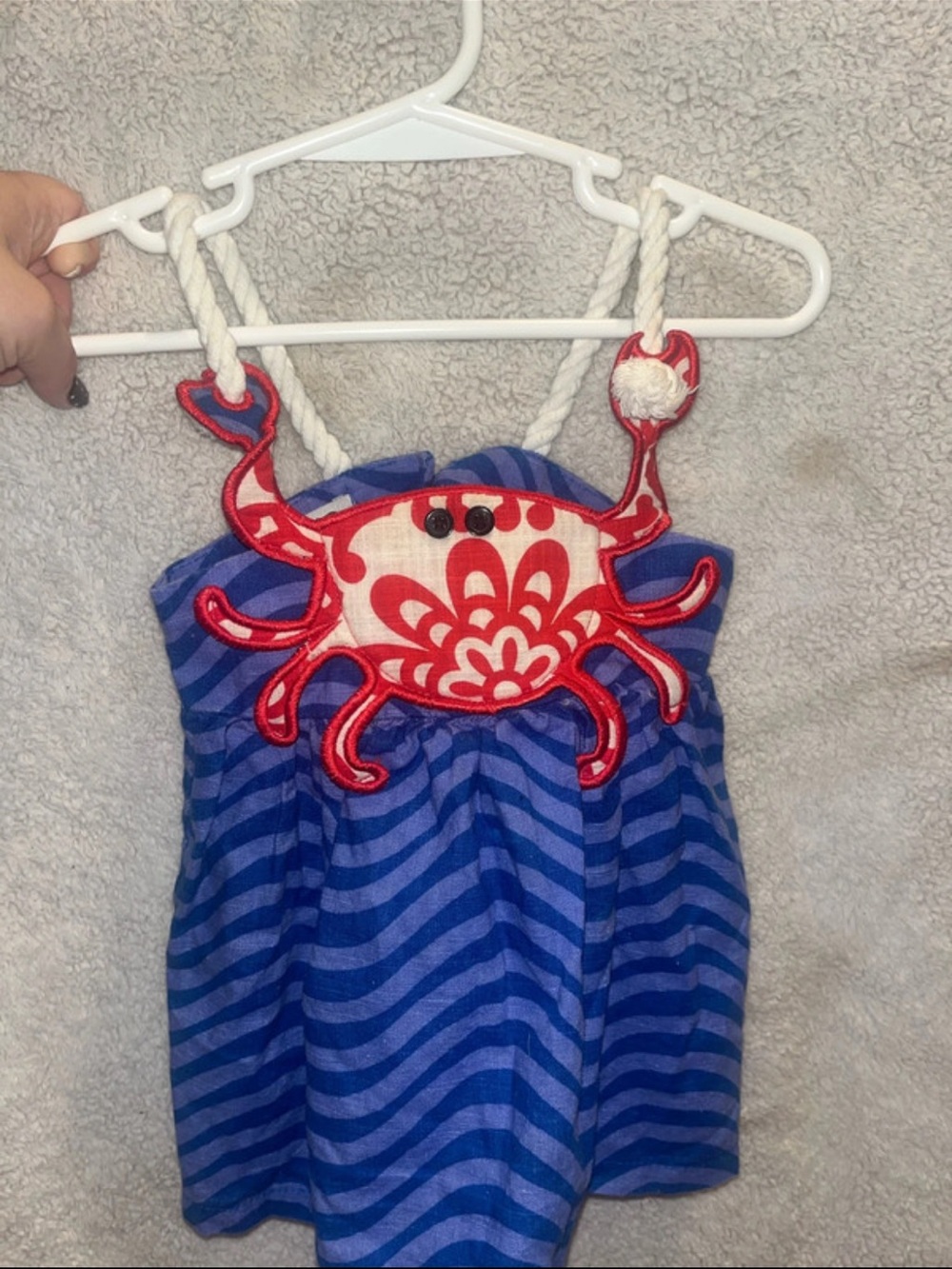 Mud Pie Blue Striped Dress with Red Crab Appliqué